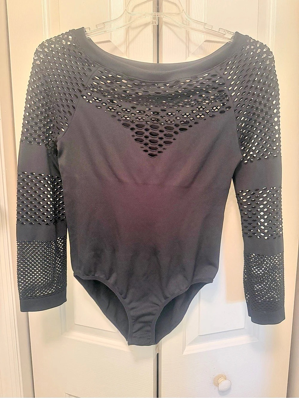 Just One Black Mesh Honeycomb Sexy Long Sleeve Bodysuit 1X/2X